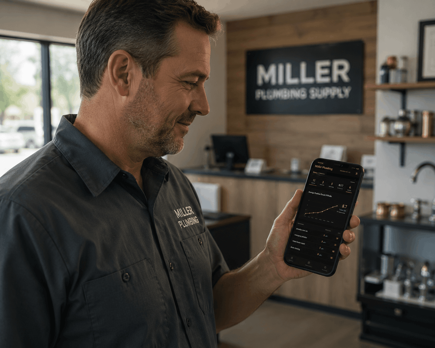 Small business owner checking SEO rankings on phone